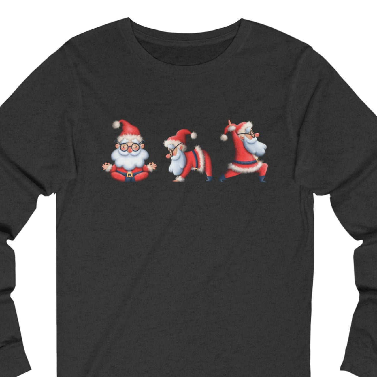 Women's Long Sleeve Tee with Three Santa Yoga Poses - Festive Christmas Shirt for Comfort and Cheer - Eddy and Rita