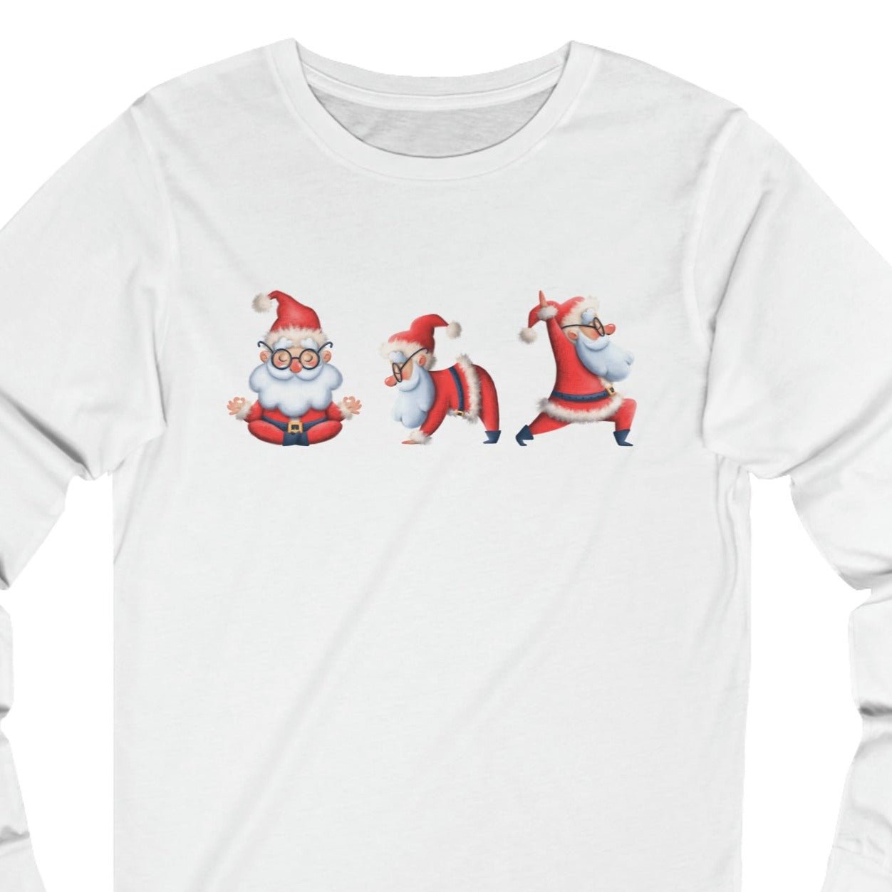 Women's Long Sleeve Tee with Three Santa Yoga Poses - Festive Christmas Shirt for Comfort and Cheer - Eddy and Rita