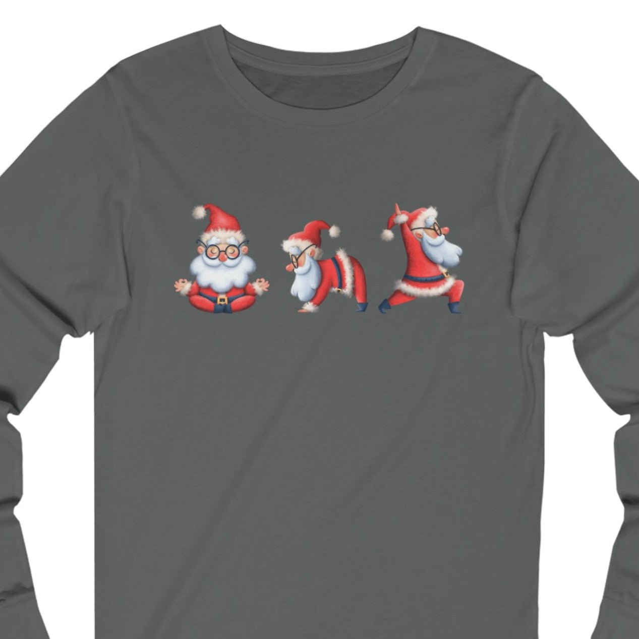 Women's Long Sleeve Tee with Three Santa Yoga Poses - Festive Christmas Shirt for Comfort and Cheer - Eddy and Rita