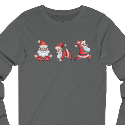 Women's Long Sleeve Tee with Three Santa Yoga Poses - Festive Christmas Shirt for Comfort and Cheer - Eddy and Rita