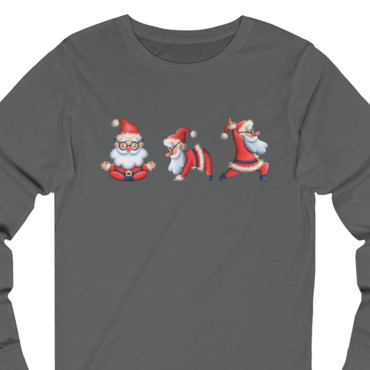 Women's Long Sleeve Tee with Three Santa Yoga Poses - Festive Christmas Shirt for Comfort and Cheer - Eddy and Rita