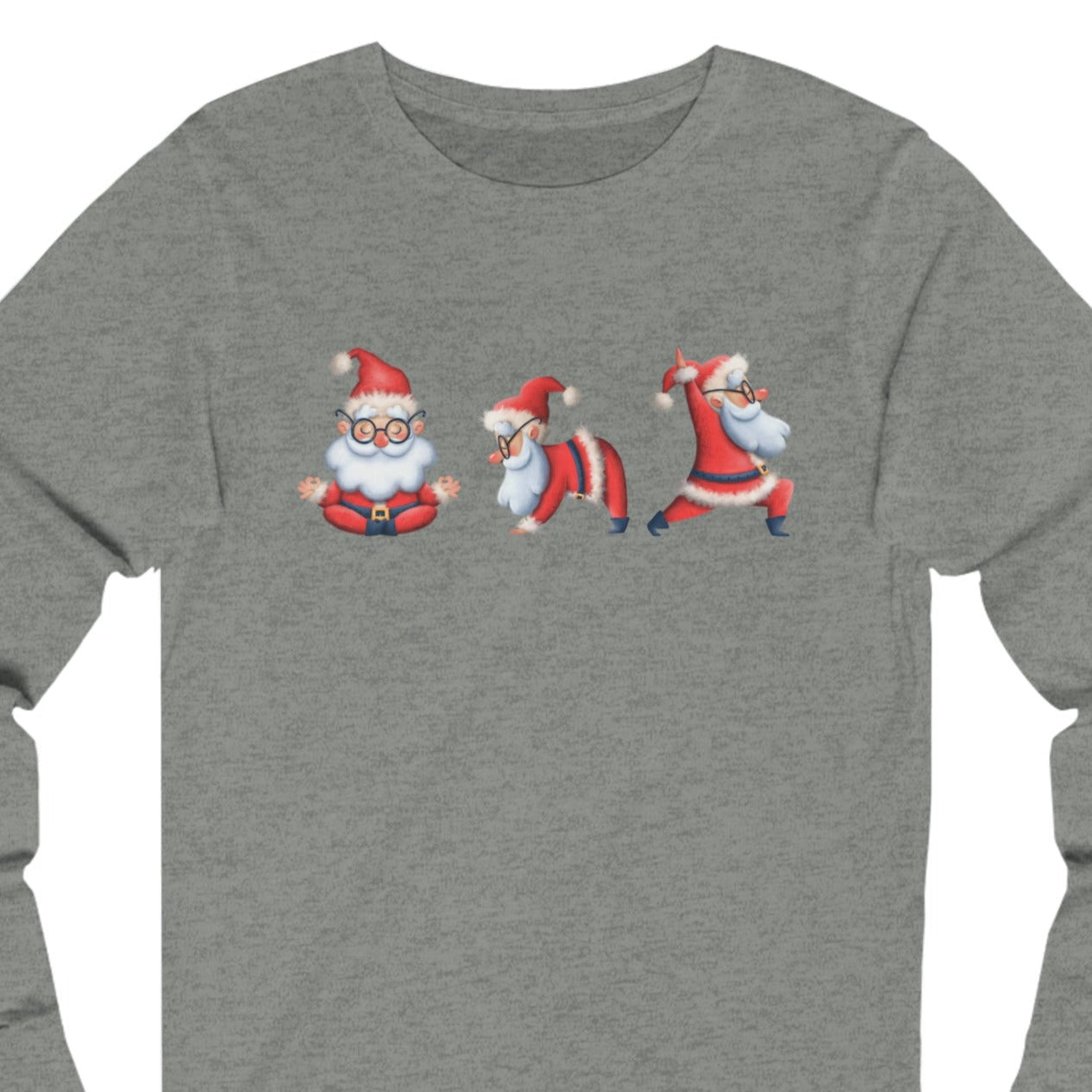 Women's Long Sleeve Tee with Three Santa Yoga Poses - Festive Christmas Shirt for Comfort and Cheer - Eddy and Rita