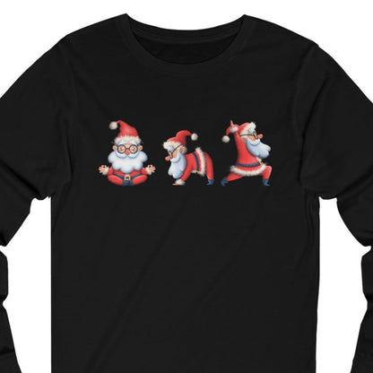 Women's Long Sleeve Tee with Three Santa Yoga Poses - Festive Christmas Shirt for Comfort and Cheer - Eddy and Rita