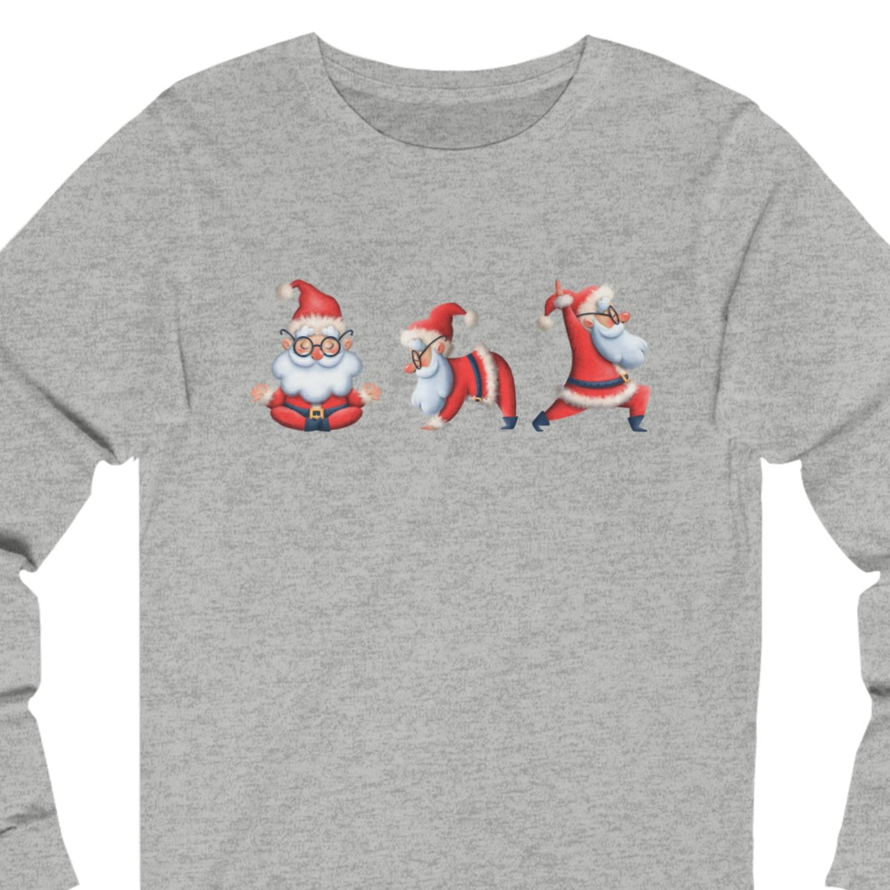 Women's Long Sleeve Tee with Three Santa Yoga Poses - Festive Christmas Shirt for Comfort and Cheer - Eddy and Rita