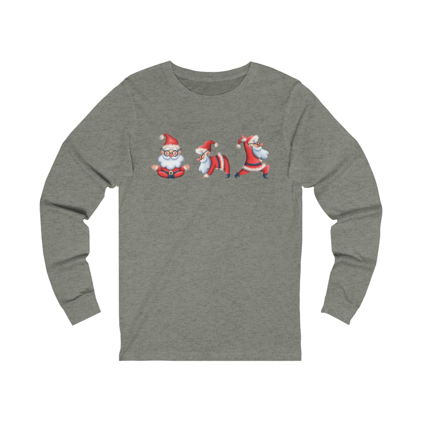 Women's Long Sleeve Tee with Three Santa Yoga Poses - Festive Christmas Shirt for Comfort and Cheer - Eddy and Rita