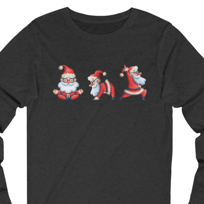 Women's Long Sleeve Tee with Three Santa Yoga Poses - Festive Christmas Shirt for Comfort and Cheer - Eddy and Rita