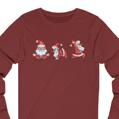 Women's Long Sleeve Tee with Three Santa Yoga Poses - Festive Christmas Shirt for Comfort and Cheer - Eddy and Rita