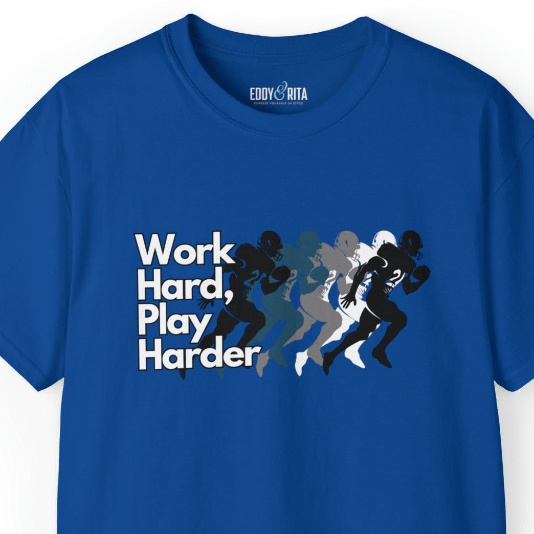 Work Hard, Play Harder Football Player Men's Tee - Motivational Sports Shirt for Active Living - Eddy and Rita