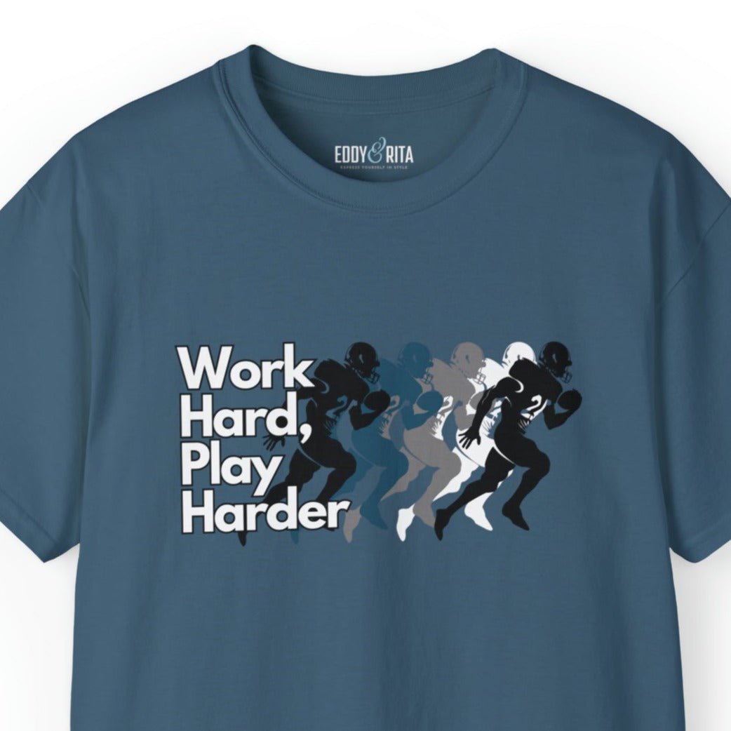 Work Hard, Play Harder Football Player Men's Tee - Motivational Sports Shirt for Active Living - Eddy and Rita