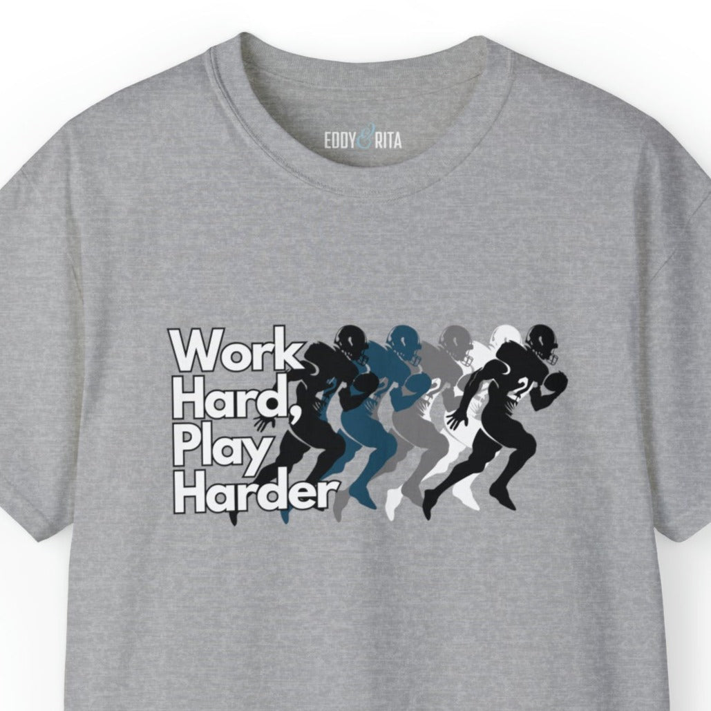 Work Hard, Play Harder Football Player Men's Tee - Motivational Sports Shirt for Active Living - Eddy and Rita