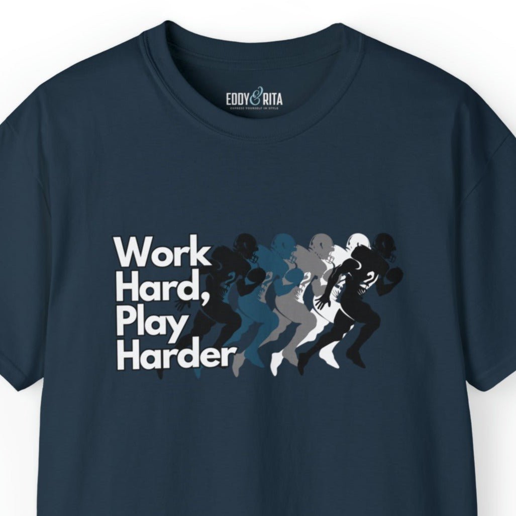 Work Hard, Play Harder Football Player Men's Tee - Motivational Sports Shirt for Active Living - Eddy and Rita