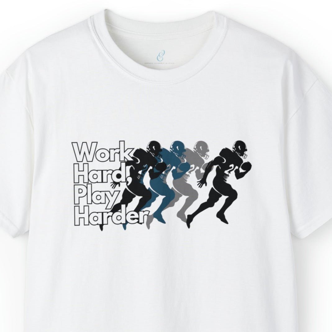 Work Hard, Play Harder Football Player Men's Tee - Motivational Sports Shirt for Active Living - Eddy and Rita