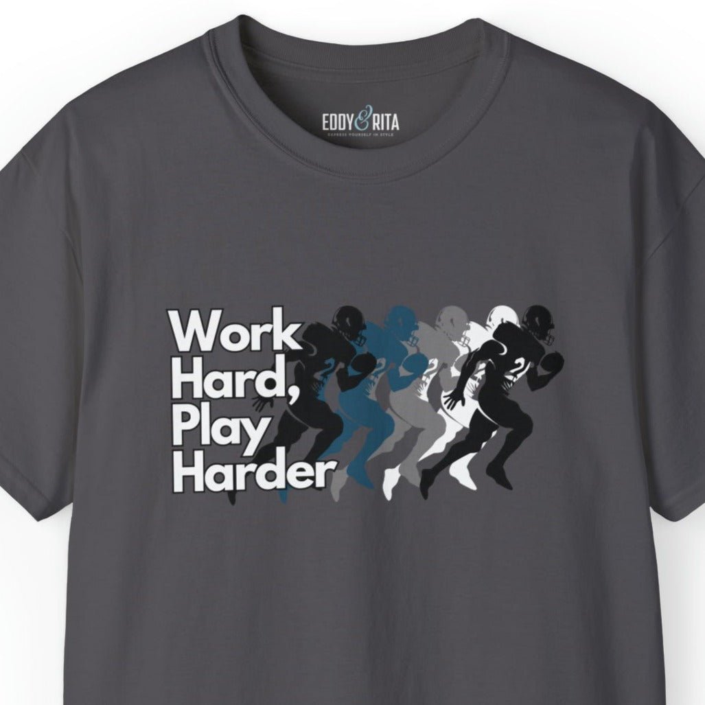 Work Hard, Play Harder Football Player Men's Tee - Motivational Sports Shirt for Active Living - Eddy and Rita