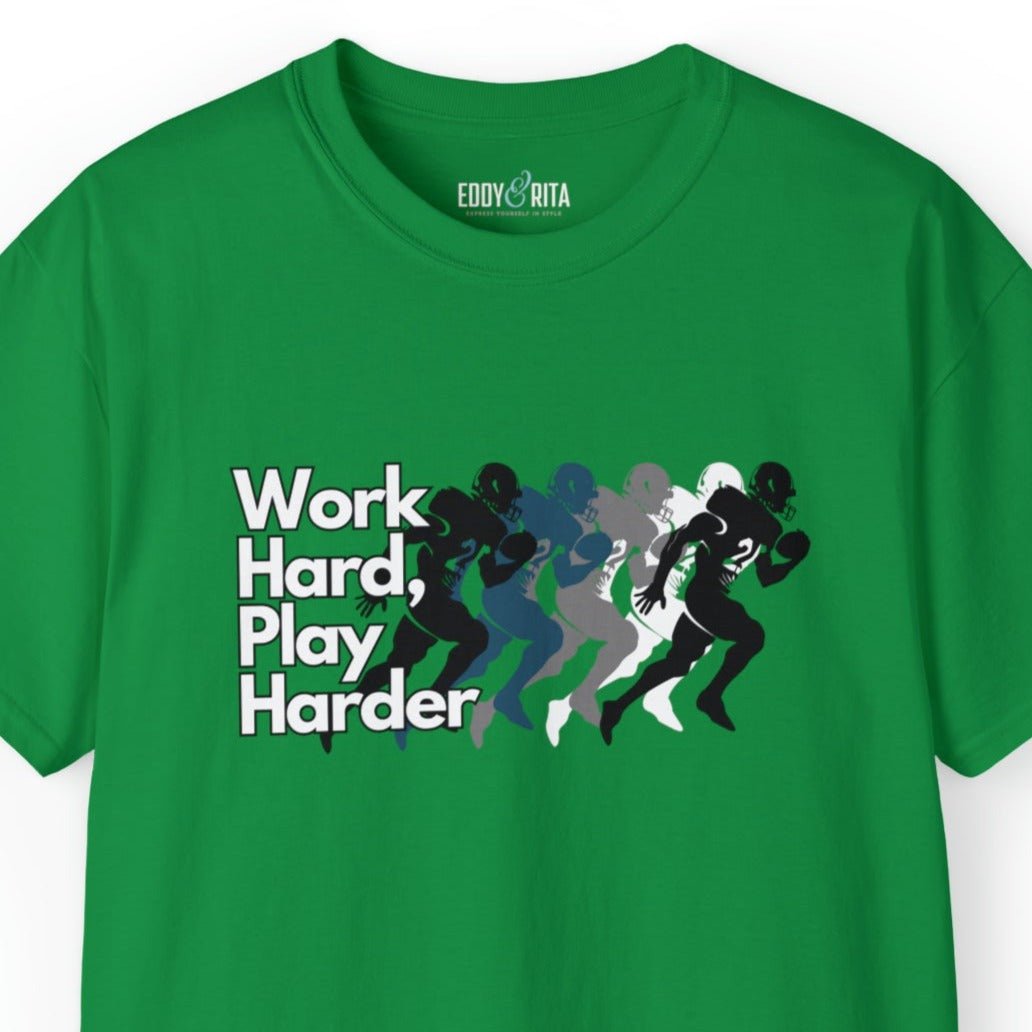 Work Hard, Play Harder Football Player Men's Tee - Motivational Sports Shirt for Active Living - Eddy and Rita