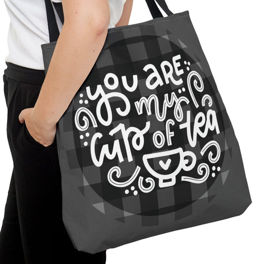 You Are My Cup of Tea: Black and White Checked Large Canvas Tote - Eddy and Rita